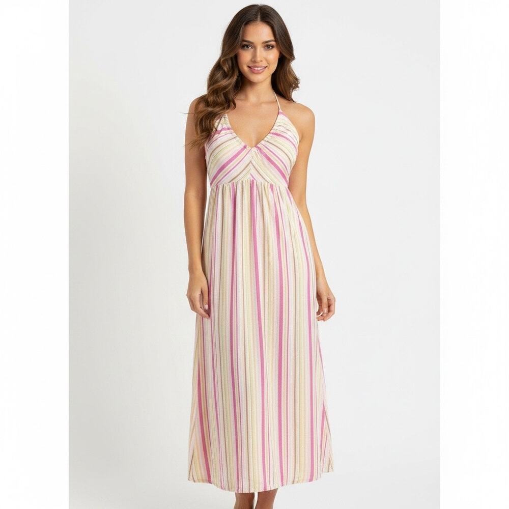 Old Navy Striped Halter Midi Dress Pink Yellow Cottagecore Sundress Small Resort